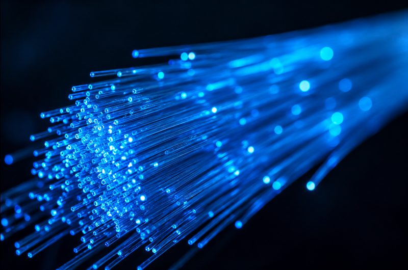 Illuminated fiber optic cables close-up