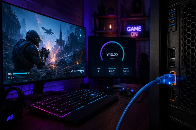 Gaming setup with RGB lighting and ethernet connection