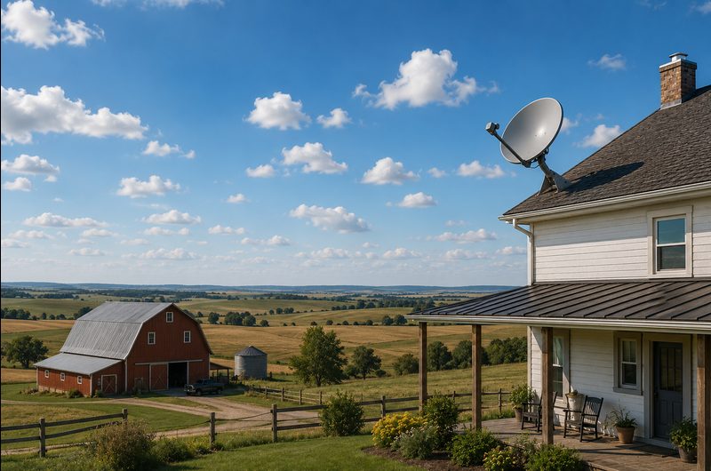 Farmhouse with satellite dish and rolling countryside